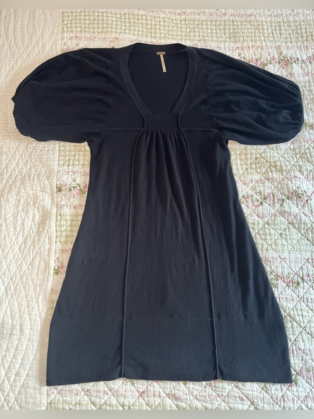 Free People Black Babydoll Puff-Sleeve V-Neck Dress